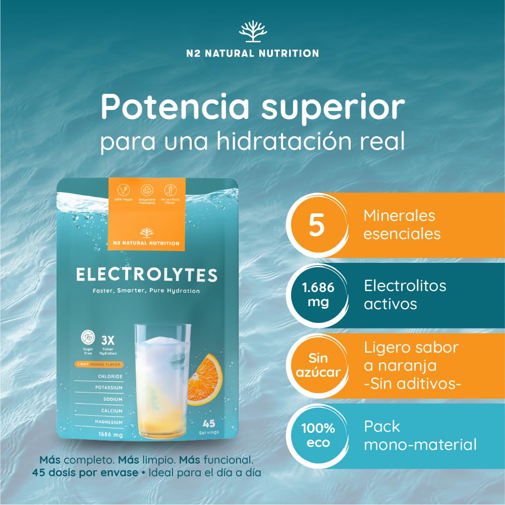 Electrolitos sin azúcar, 1686mg para 45 días de Hidratación. Bebida isótonica con Cloruro, Potasio, Sodio, Calcio y Magnesio. Deportivo, Energético, Vegano, Dieta Keto. N2 Natural Nutrition