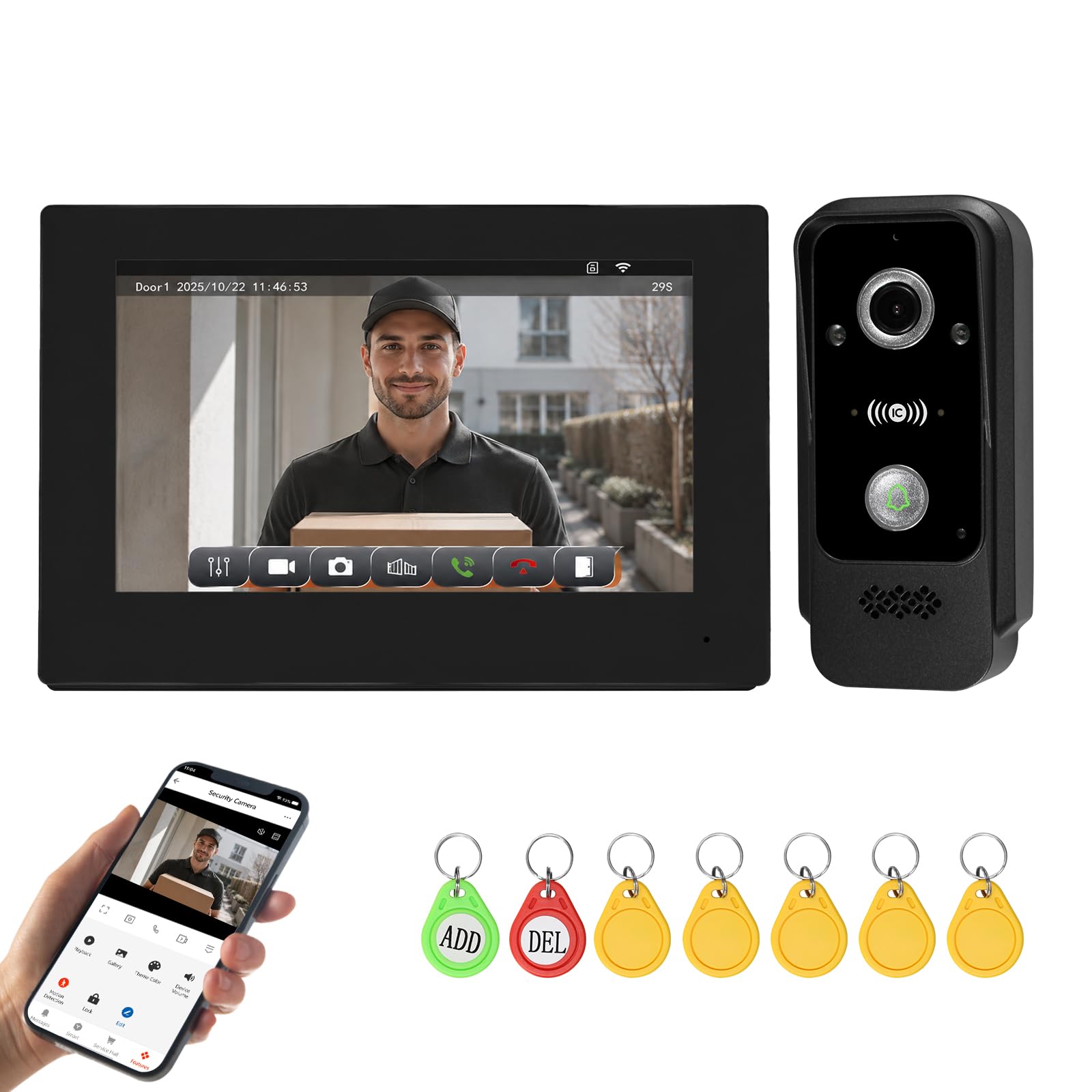 Sistema de Videoportero con Timbre WiFi de 2 Cables, Cámara HD 1080P con Pantalla Táctil Color de 7 Pulgadas, Visión Nocturna, Grabación, Tarjeta RFID/App Tuya Desbloqueo Remoto