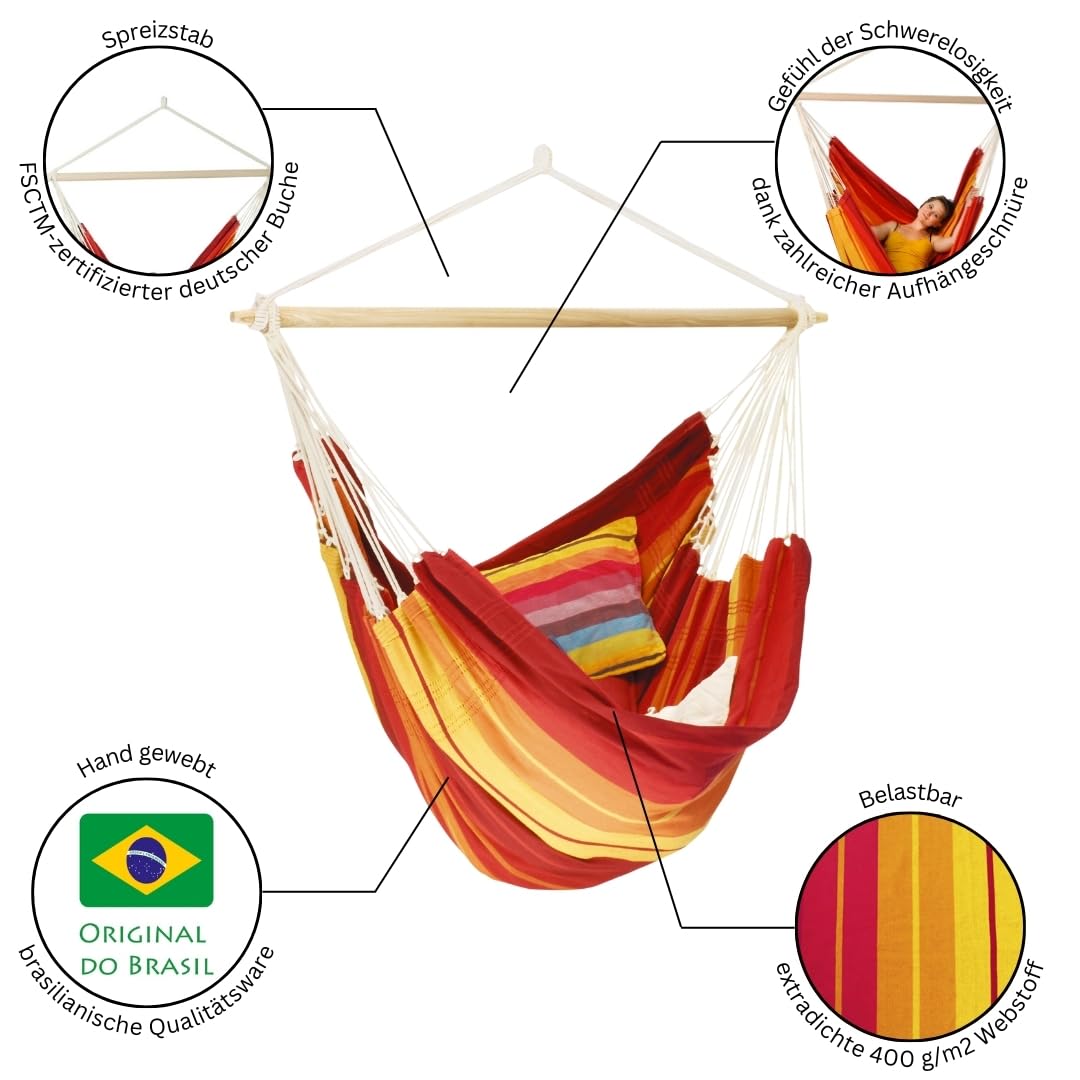 AMAZONAS - XXL Hängesessel Brasil Gigante | Hängesessel ohne Gestell mit großer Sitzfläche, handgefertigt in Brasilien | Belastbar bis 200 kg; Sitzfläche 2m x 1,4m; Stablänge 1,4m | Farbe: Lava