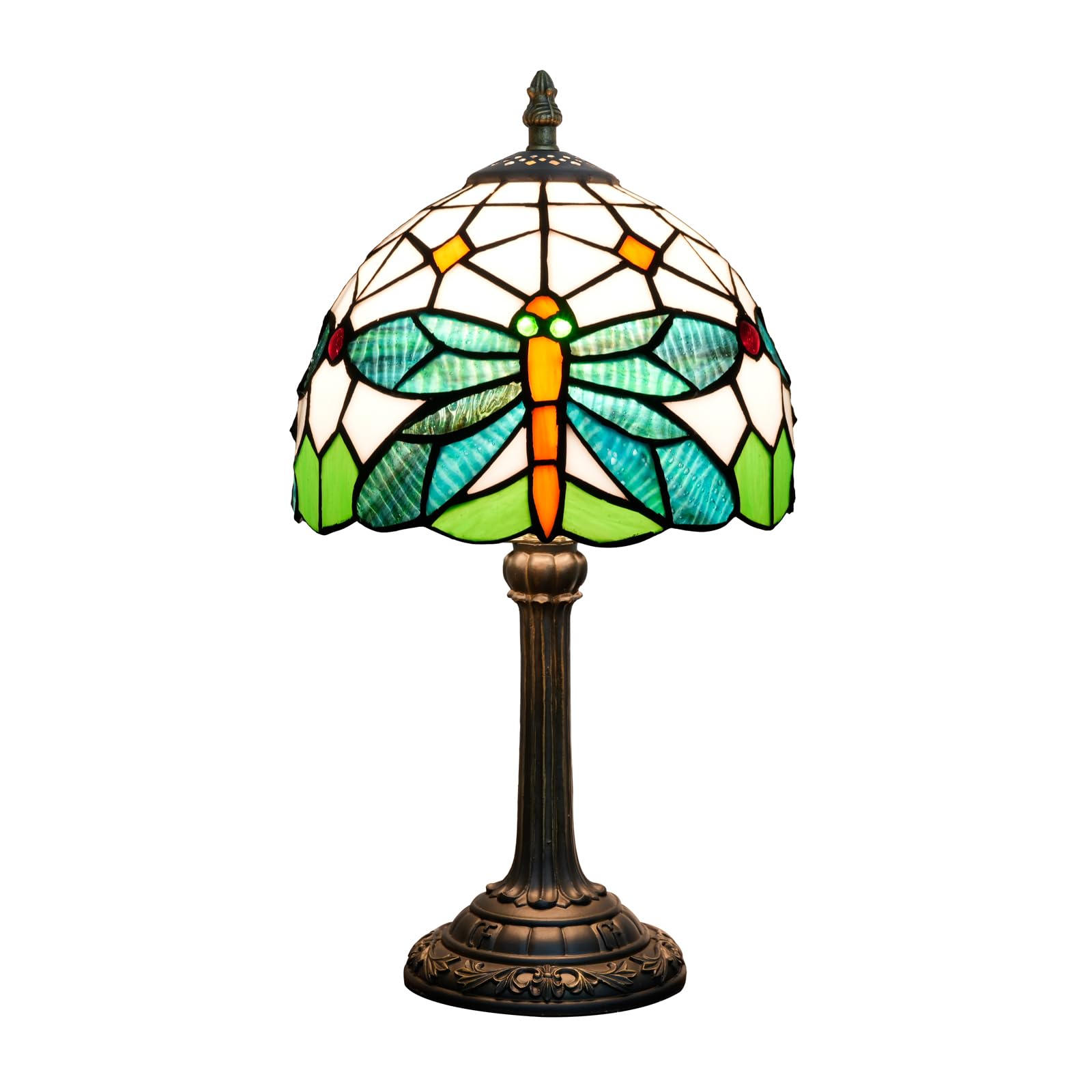 NUODITOS Tiffany Table Lamp Green Dragonfly Stained Glass Bedside Lamp Antique Unique Cute Accent Nightstand Light for Home Living Room Office Dormitory Bar Decorate