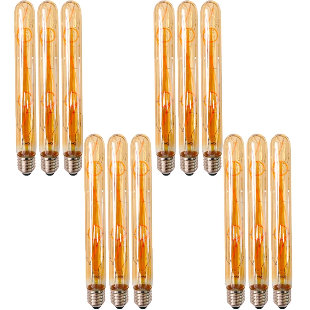 12 Stück LED-Glühbirne, Vintage, E27, 6 W, Röhre, Edison, Retro, Vintage, E27, T30, Filament, LED, dekorativ, warmweiß, 2700 K, lange Teströhre, bernsteinfarbenes Glas, nicht dimmbar
