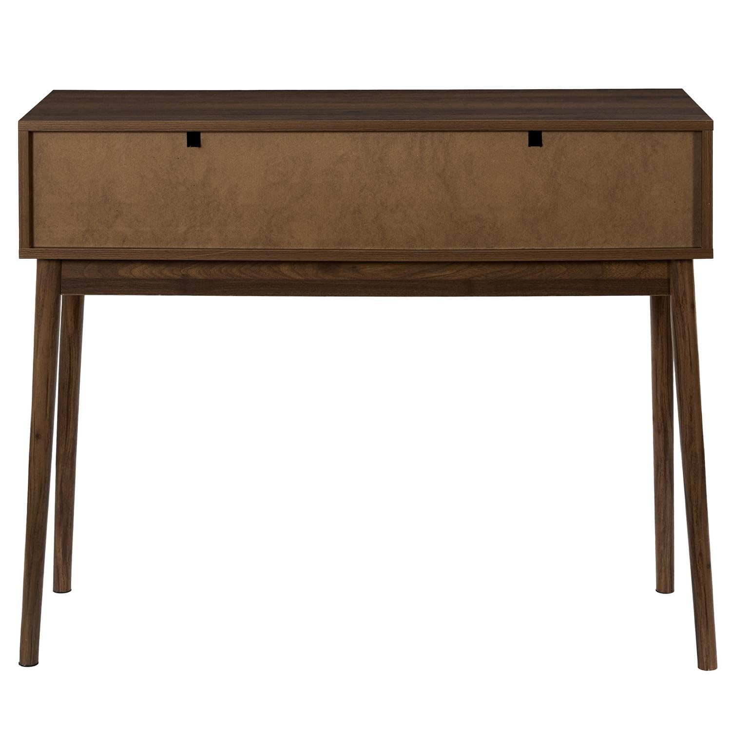 Consola con frentes geométricos color nogal oscuro con 2 cajones asas diseño delgado pasillo sala de estar dormitorio retro moderno