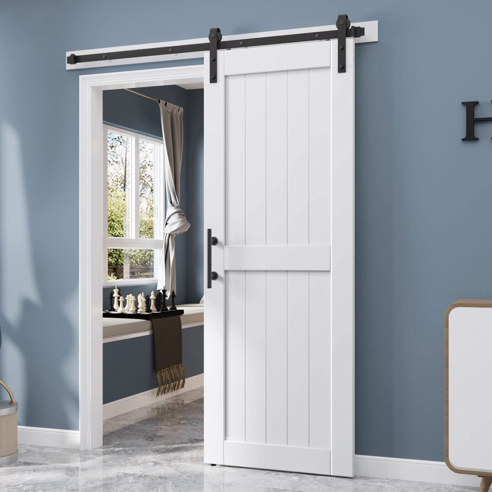 EaseLife 32in x 84in Sliding Barn Door with 5.5FT Barn Door Hardware Track Kit Included,Solid LVL Wood Slab Covered with Water-Proof & Scratch-Resistant PVC Surface,DIY Assembly,Easy Install,White