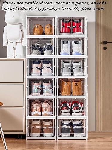 Miniatura 8 de FUYUN Organizador de zapatos de plástico  Cajas de zapatos apilables y plegables de 6 niveles para armario, contenedores transparentes y que ahorran
