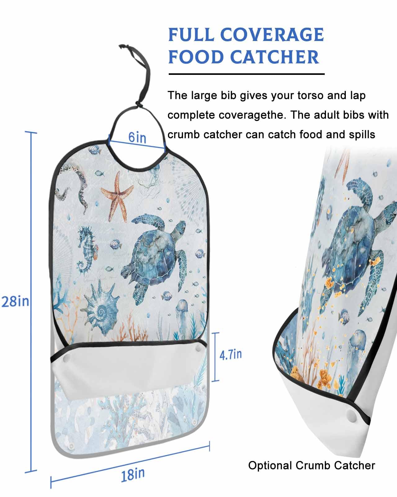 LEOKOTI Blue Coastal Adult Bibs for Eating, Waterproof Bibs with Food Catcher & Adjustable Snap Closure, Summer Beach Nautical Coral Sea Turtle Washable Clothing Protectors Adult Bibs for Elderly