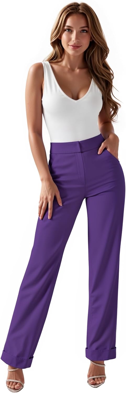 Hybrid & Company Womens High Waist Refined Straight Leg Fit Pants Business Casual Trousers with Pockets