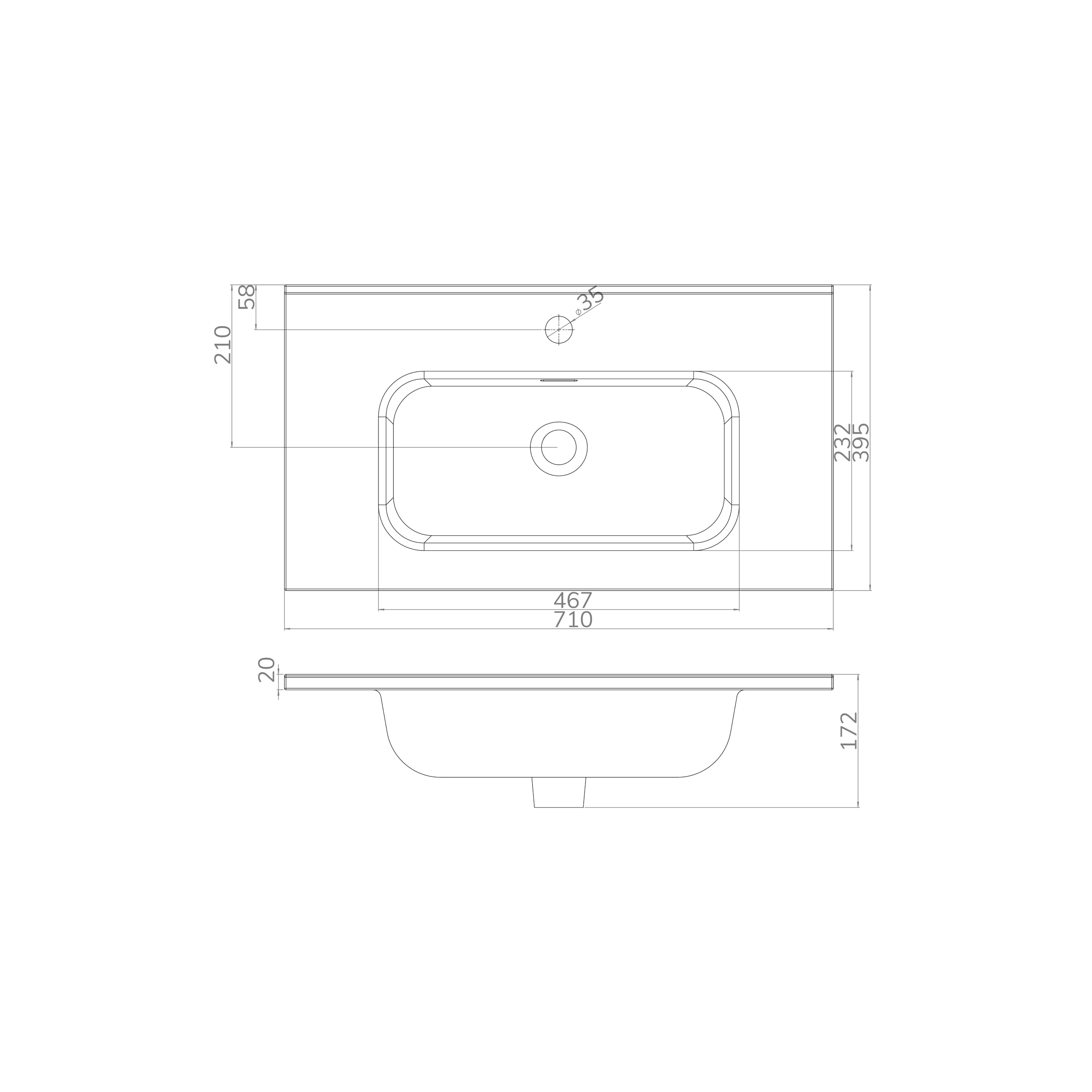 BAIKAL Lavabo en céramique encastré. Plateau en céramique. Lavabo rectangulaire blanc brillant. Lavabo encastré facile à monter. Profondeur 39 cm/Largeur 71 cm
