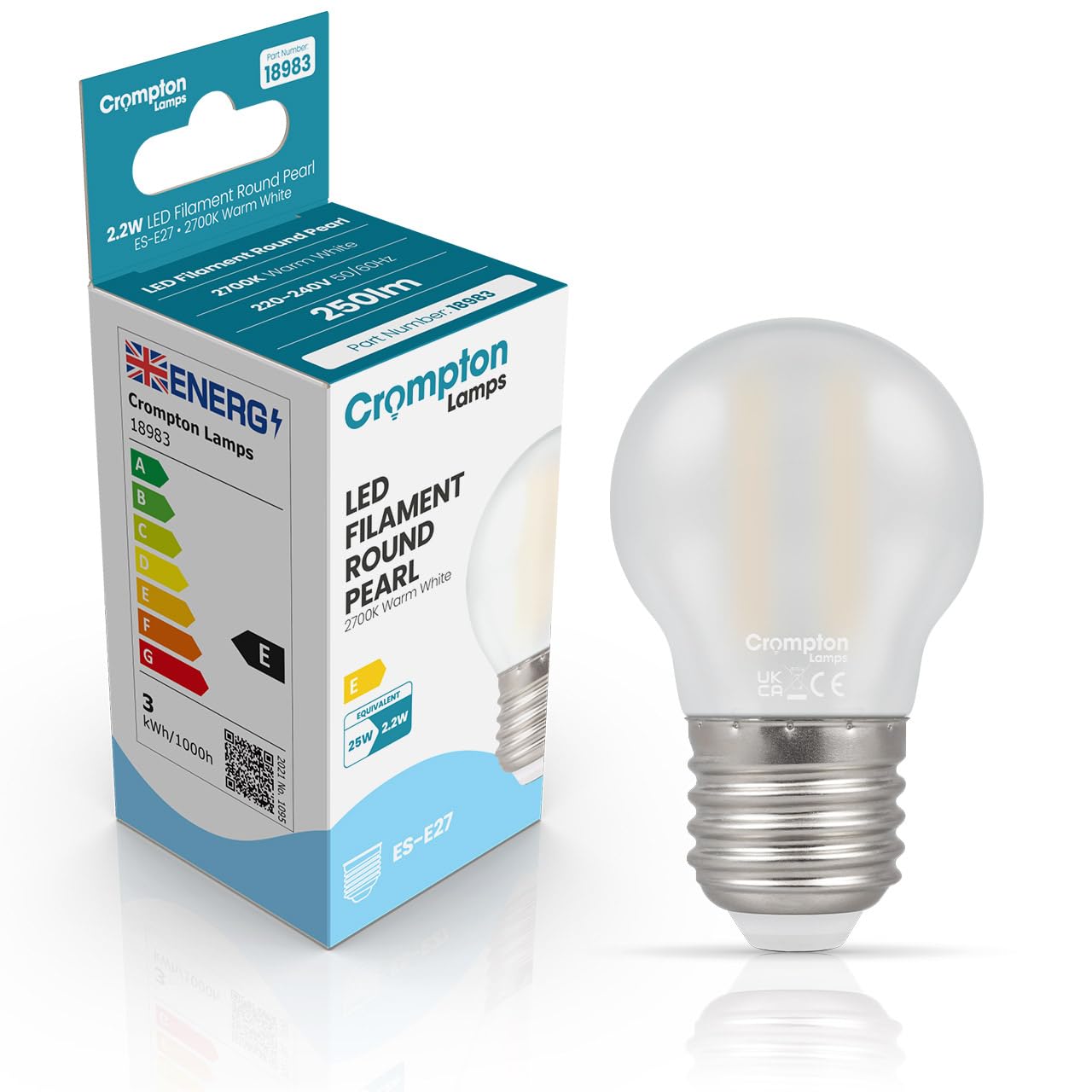 Crompton Lamps Filament Golfball LED Light Bulb ES-E27 | 2.2W = 25W Equivalent | Warm White 2700K | Energy Efficient | Edison Screw Lightbulb | Long Life 15,000-Hrs | Pearl Glass