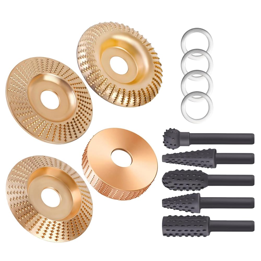 Kit de disques de sculpture sur bois pour meuleuse d'angle – Roues abrasives en acier au carbone pour façonner, meuler, bordure et finition, comprend 5 tampons de polissage
