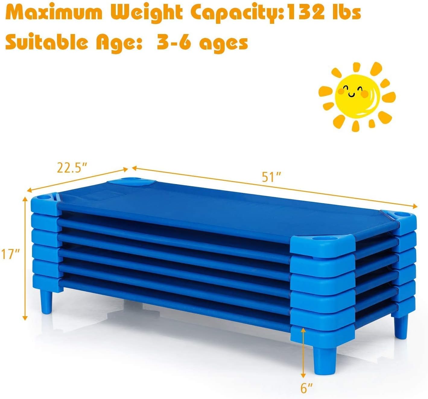 DORTALA Toddler Daycare Cots, Pack of 6, Stackable Sleeping Cots for Kids w/Easy Lift Corners, Children Nap Cots for Nursery, Preschool, Classroom, Naptime, Dark Blue