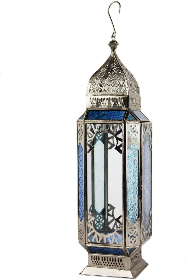 Hand Made Hanging Moroccan Style Lantern Blue Large