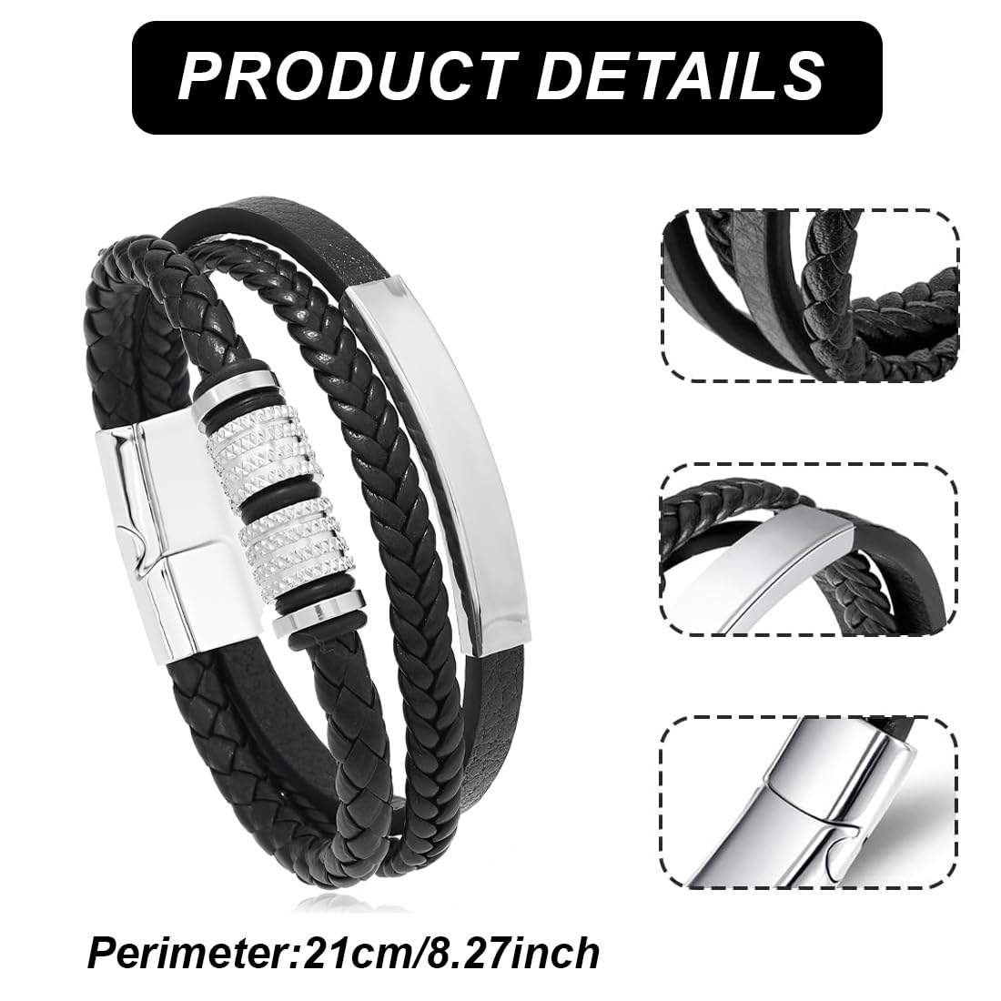 Braccialetto Uomo In Pelle, Bracciale Uomo Personalizzato Nero, Bracciale Uomo Cuoio 21cm, Braccialetti Papà Regalo Uomo Gioielleria, Idea Regalo Per Lui Festa Del Papà Natale Compleanno
