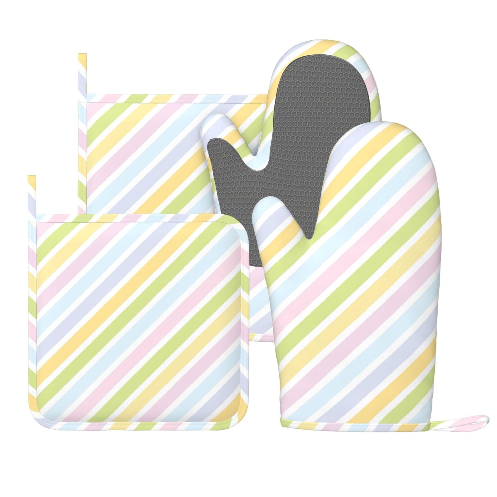 Colorful Pastel Stripe Pretty Oven Mitts and Pot Holders Set of 4 Silicone Heat Resistant Oven Mitten Potholders Non Slip Gloves Kitchen Decor for BBQ Cooking Grilling Baking
