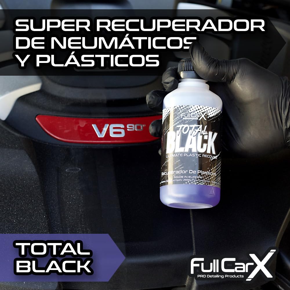 FULLCARX Total Black 250ml Recuperador Neumáticos y Plásticos Coche, Negro Intenso Renovador Hidratador, Protección Duradera, El embalaje puede variar