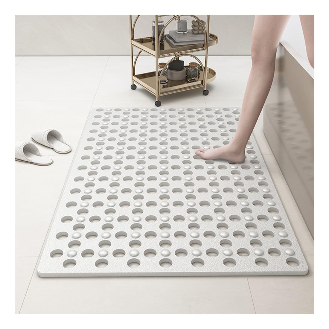 Shower Mats Non Slip Anti Mould, 40x80 cm Rubber Anti Slip Bath Mat with Drain Holes, Machine Washable (White, 40 * 80 cm)