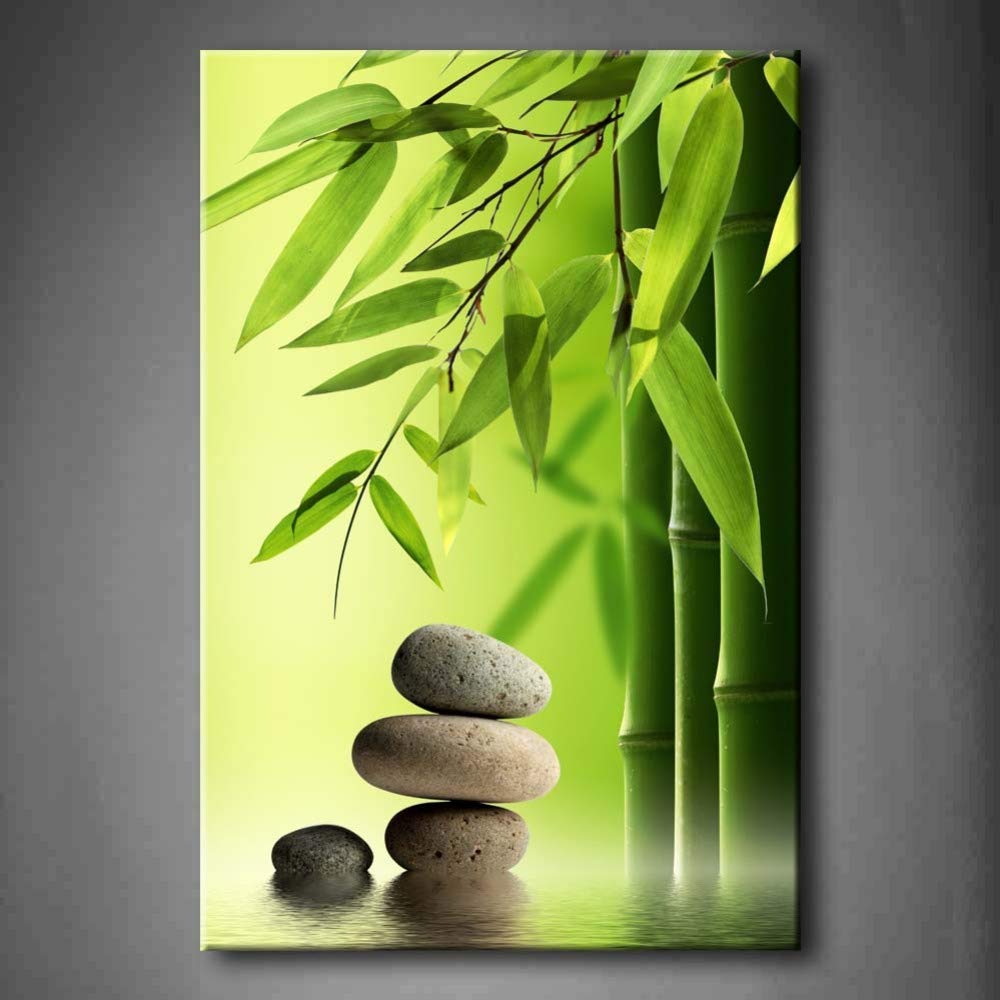 NIMCG Wall Art Pictures Green Spa Bamboo Zen Stone Canvas Print Botanical Posters With For Living Room (No frame) R1 60x80CM