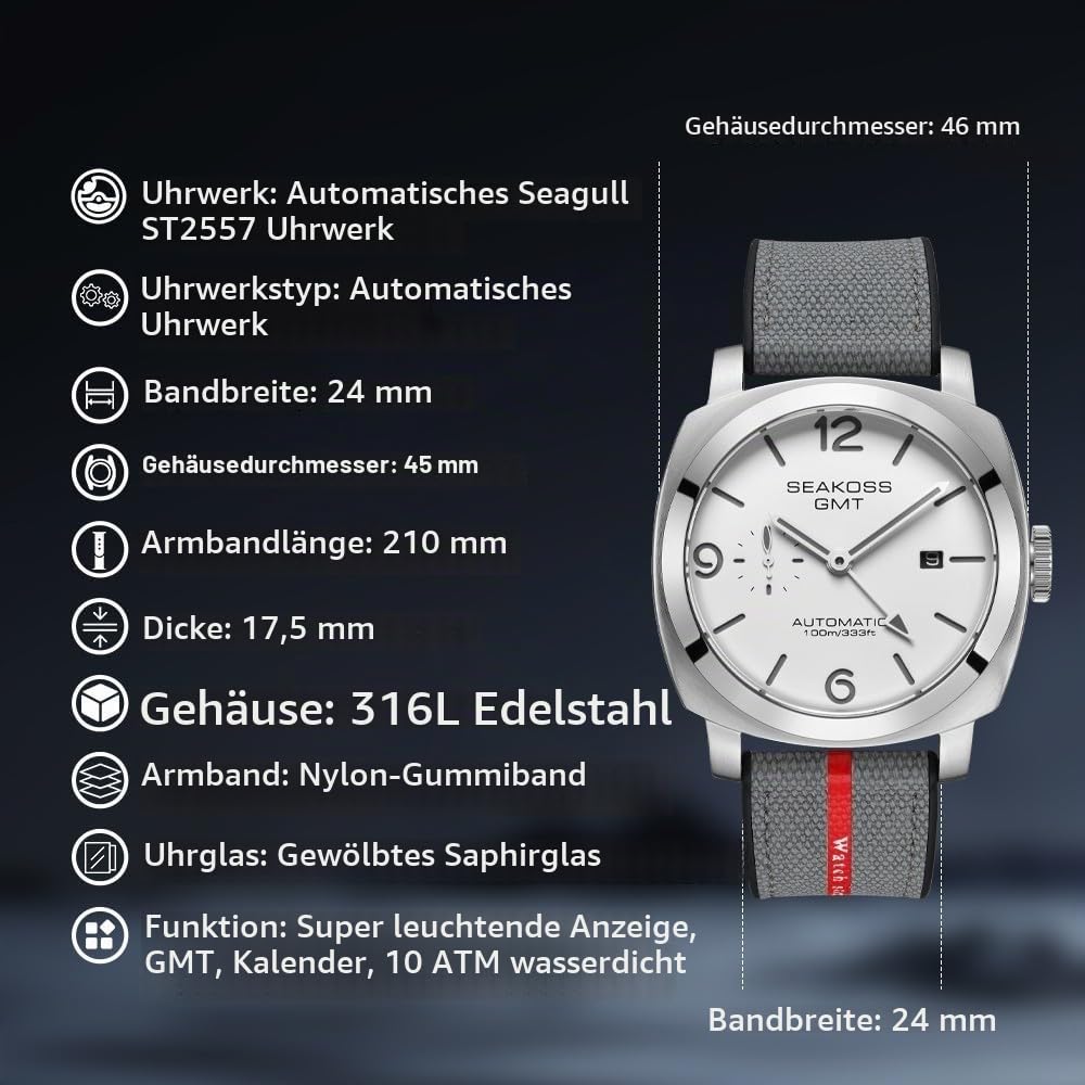 SEAKOSS GMT Uhren für Herren, automatisch, 45 mm, Datum, 10 ATM, wasserdicht, Möwe, ST2557, leuchtendes Edelstahl-Saphirglas, mechanische Armbanduhr, S8441