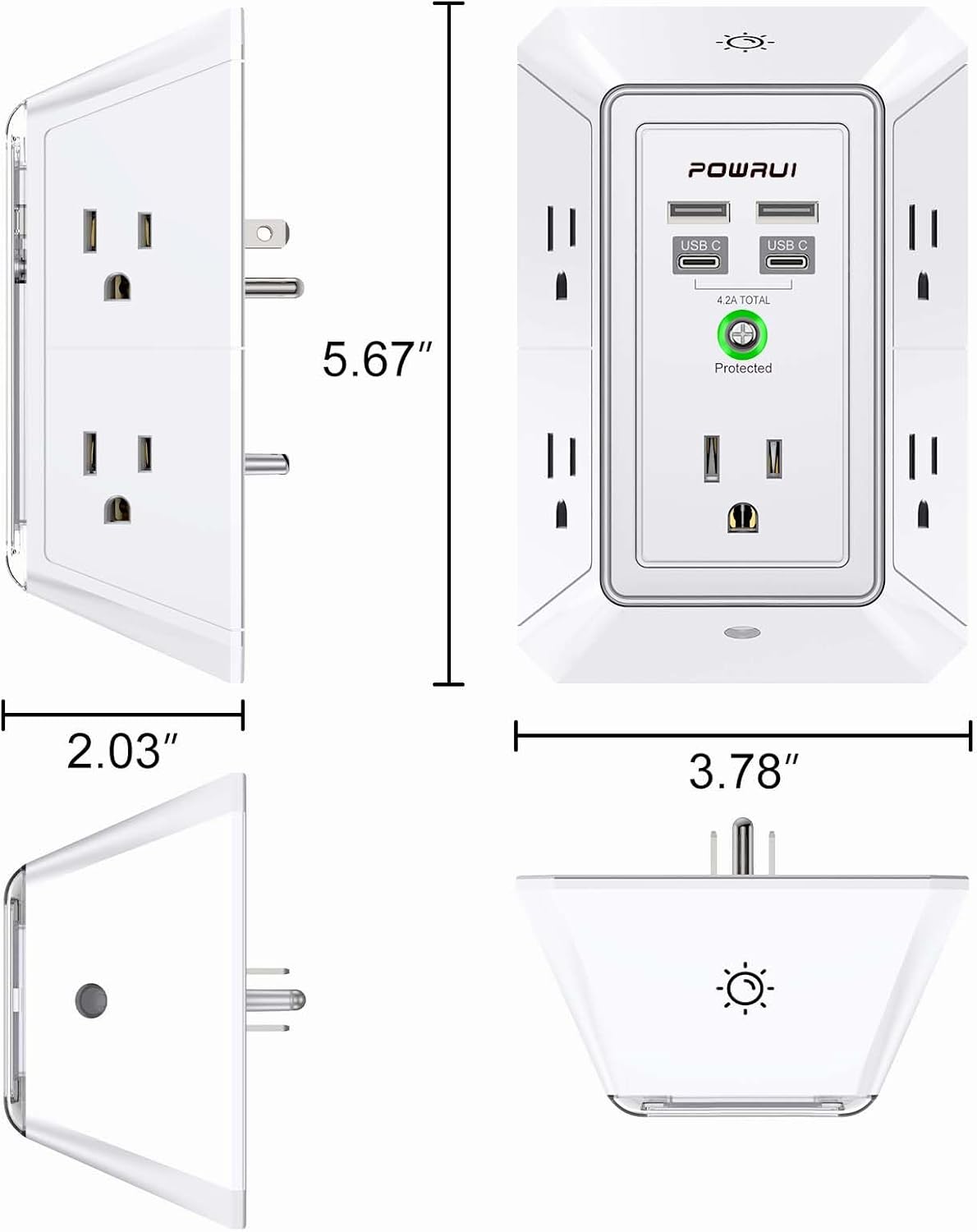 3-Sided Outlet Extender with Night Light - POWRUI Multi Plug Outlet with 5 Outlets and 4 USB Ports(2 USB-C), USB Wall Charger for Home, Office, Travel, ETL Listed, White