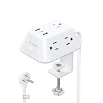 TROND Desk Clamp Power Bar Surge Protector with 3 USB Ports, Power Strip Charging Station with 5 Outlets, 6ft Slim Flat Plug Extension Cord Indoor, Fit 1.97" Tabletop Edge for Home Office Dorm, White