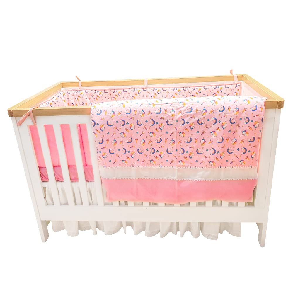 Pink Unicorn Print Cotton Bedding Set with Lace Trimming