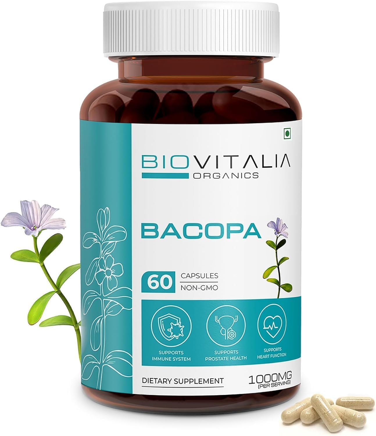 Biovitalia Natural Bacopa monnieri Brahmi Capsules High Strength Supplement Supports Brain Function Promote Learning Concentration & Focus 1000mg – 60 Capsule