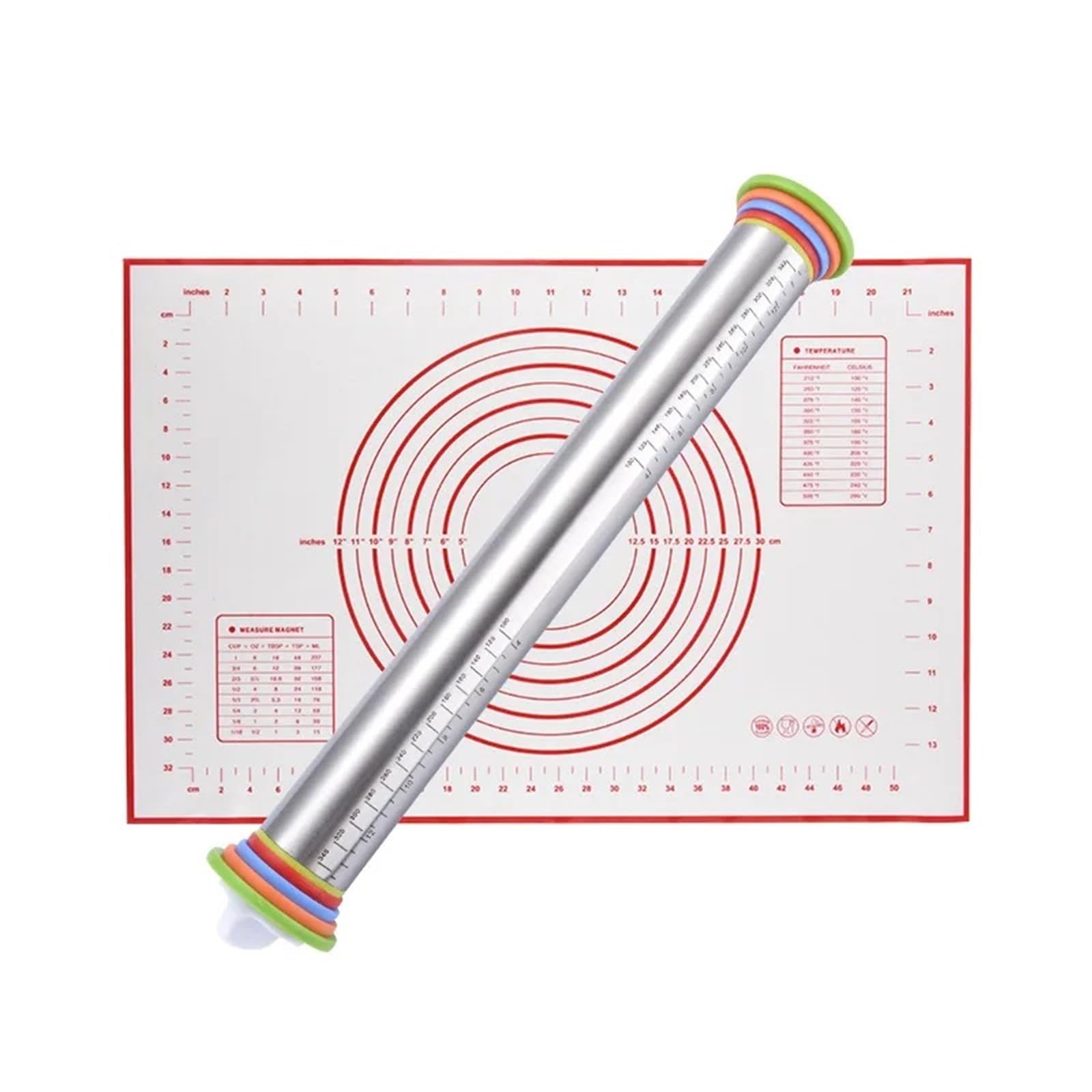 Tapete De Silicona Para Hornear Rodillo de acero inoxidable 43 cm (17 pulgadas) ajustable, tapete silicona for hornear, ideal for masa galletas, pasteles, pizza y tartas(Red Set)