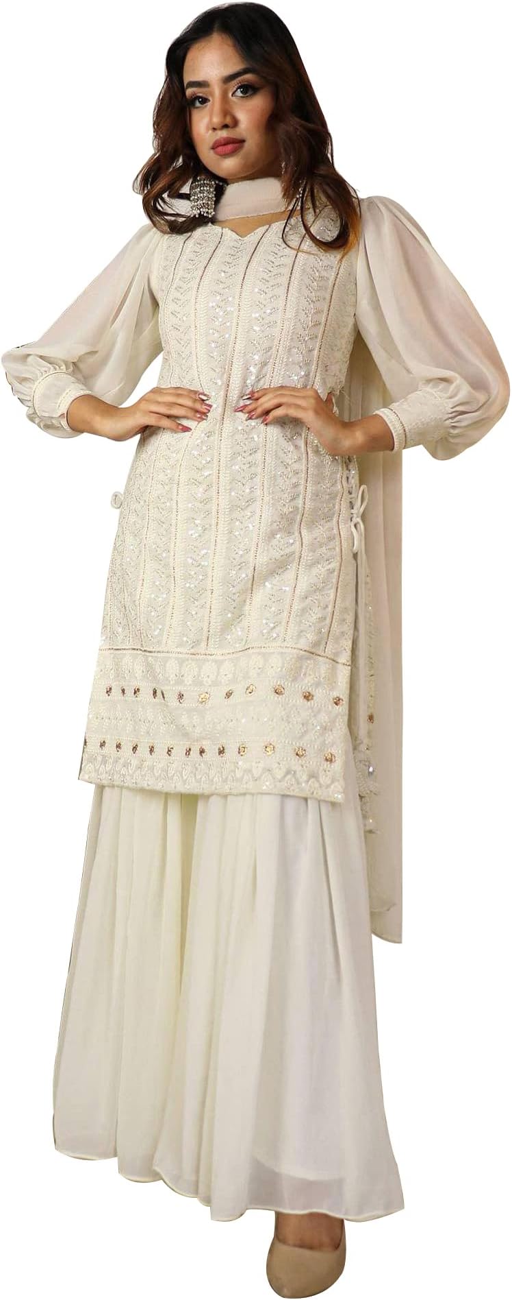 DREAMANGEL FASHIONWomens Georgette Party Wear Embroidered Full Sleeve Kurta and Sarara With Dupatta