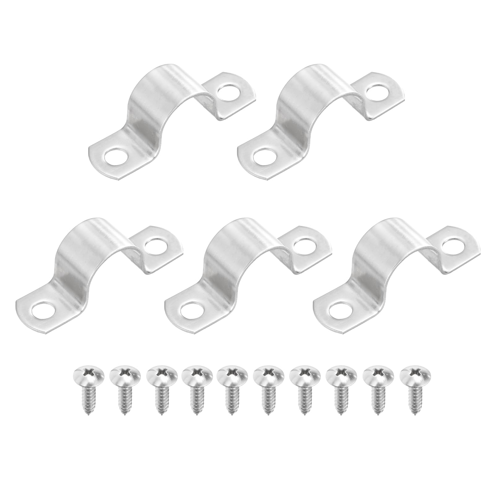 sourcing map 5Pcs 22mm(7/8") Two Hole Rigid Pipe Strap, 304 Stainless Steel Conduit Clamp Thicken U Bracket Heavy Duty Pipe Clamp with Self-Tapping Screws for Fixing Tube Cable, Silver — image 1