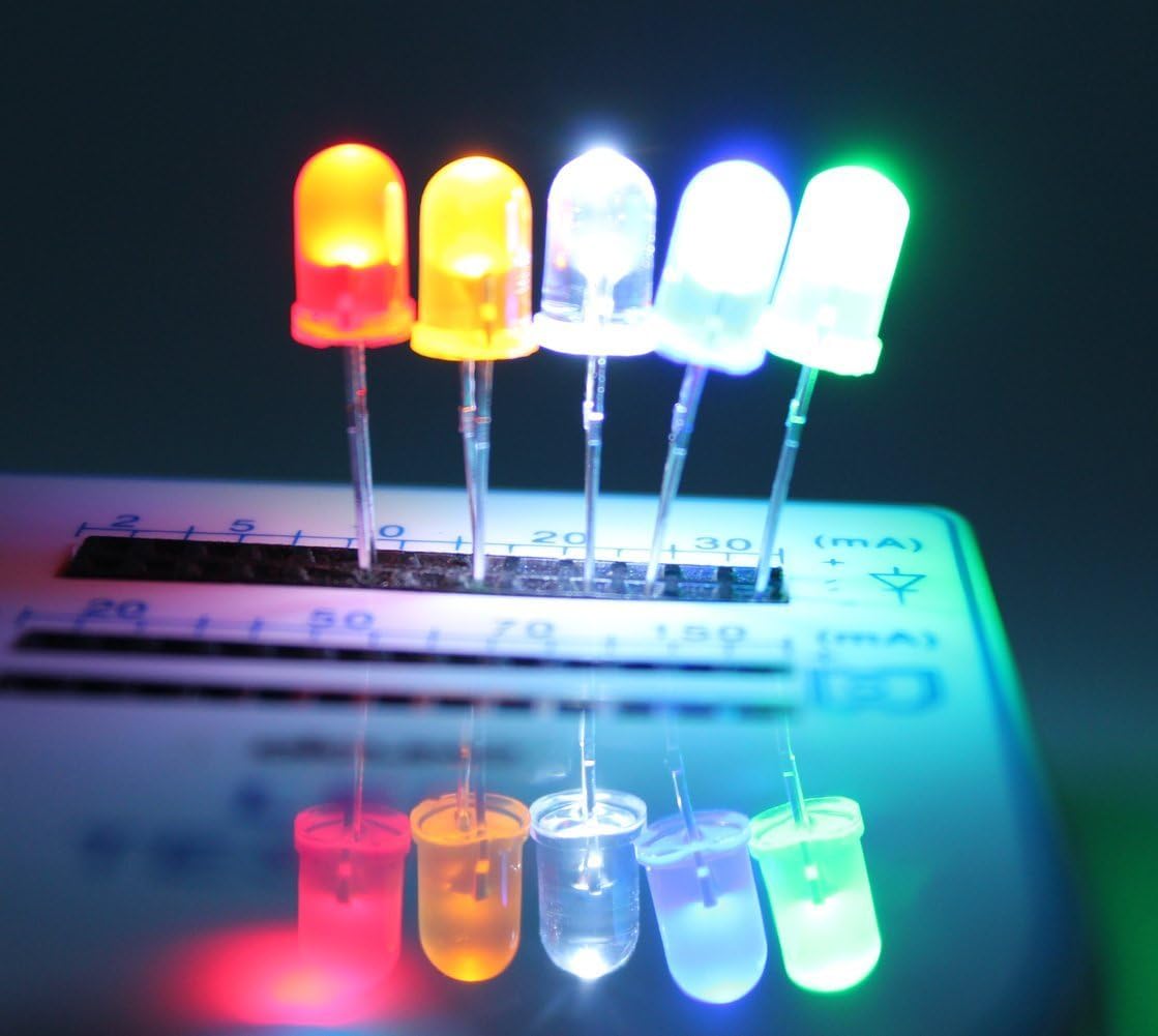DiCUNO 450pcs (5 Colors x 90pcs) 5mm LED Light Emitting Diode Round Assorted Color White/Red/Yellow/Green/Blue Kit Box