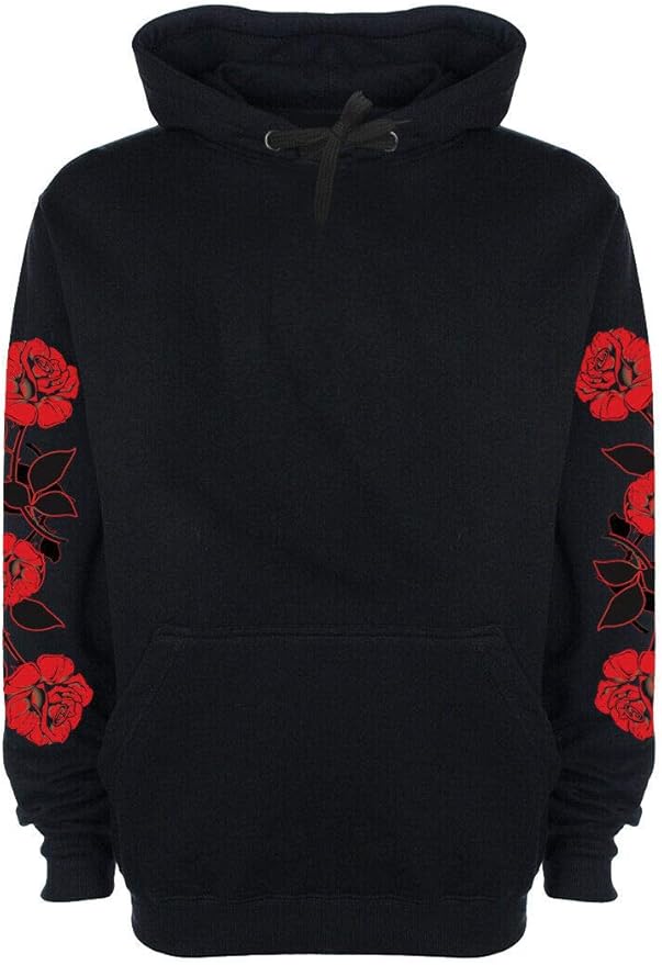 Amazon.com: Men's Black Hoodie with Roses On Sleeves Red Flower Printed ...