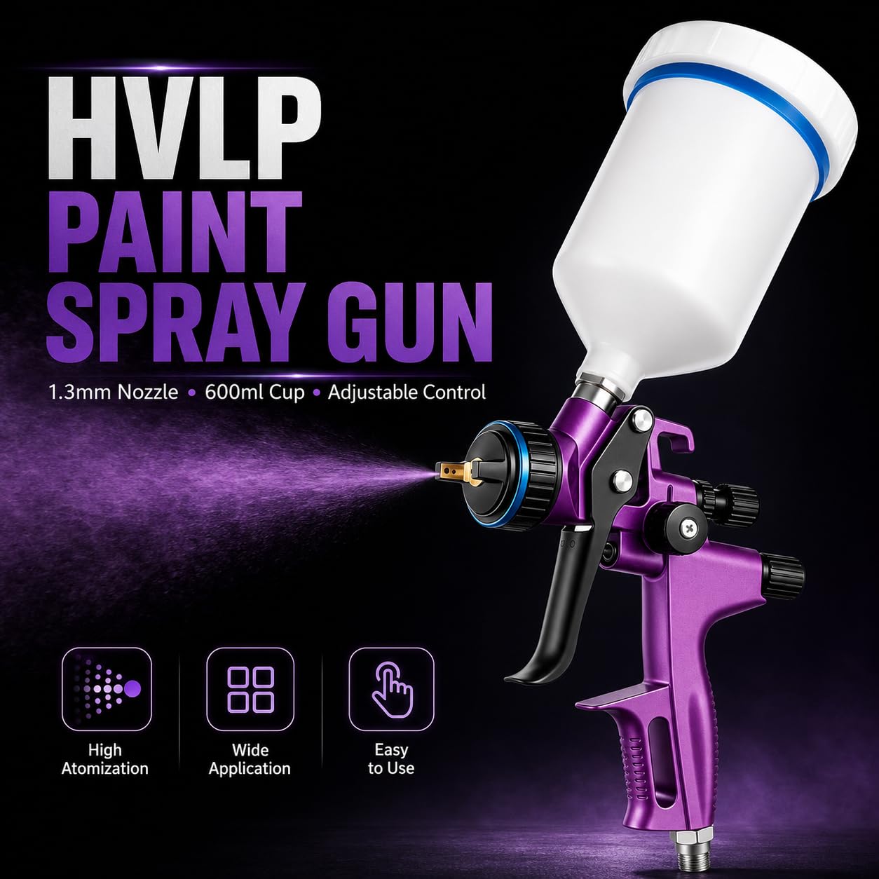 HVLP Lackierpistole Druckluft mit 1,3mm Düsen 600ml Fließbecher | Einstellbares Spritzbild Luftspritzpistole Druckluft Farbsprühgerät Farbsprühsystem Spritzpistole Für Wände,Decke,Möbel,Auto
