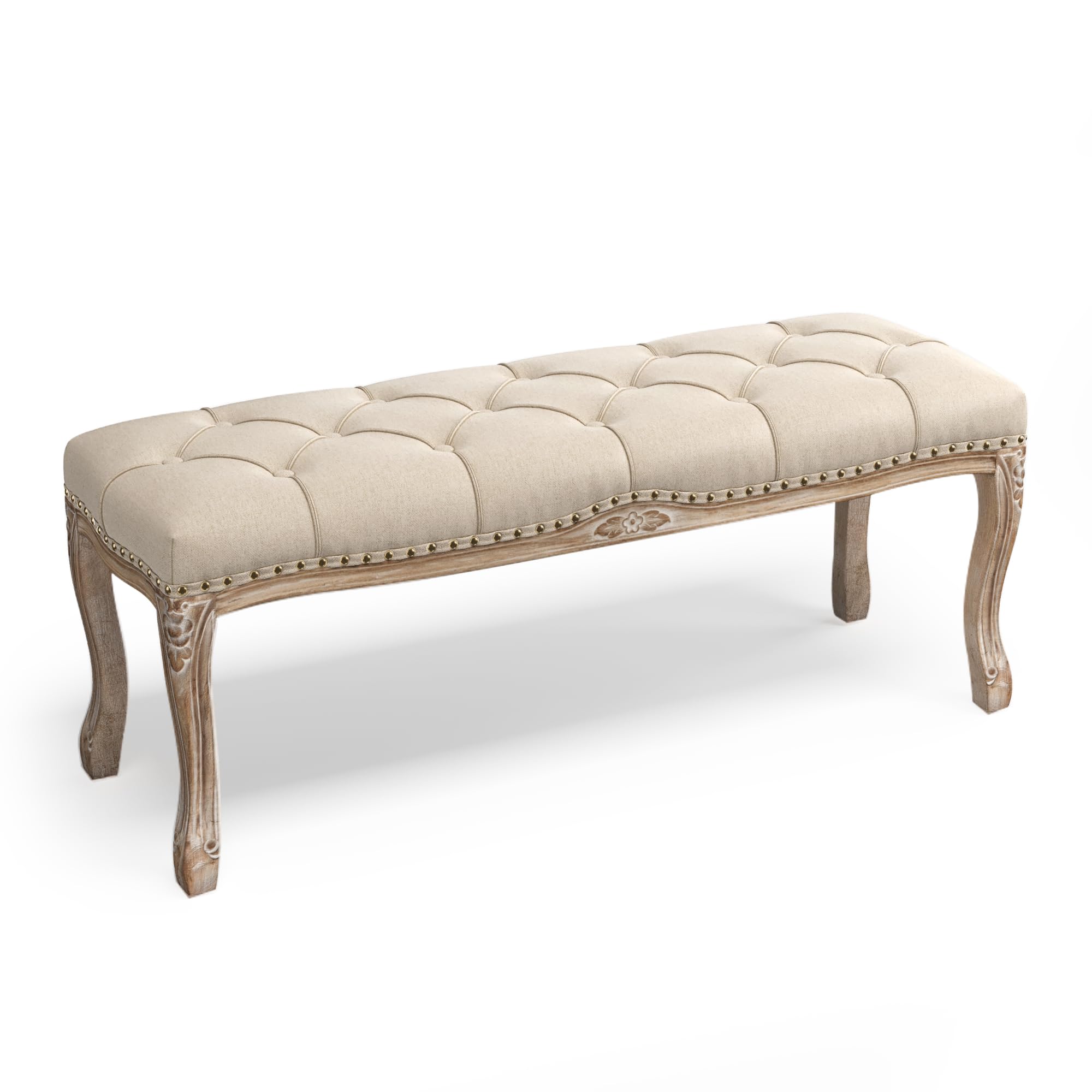 Bedroom Bench, French Vintage Tufted Entryway Bench, 45.2" Carving Upholstered End of Bed Bench with Distressed Wood Legs, Linen Ottoman Seat for Living Room, Dining Room, Linen Color