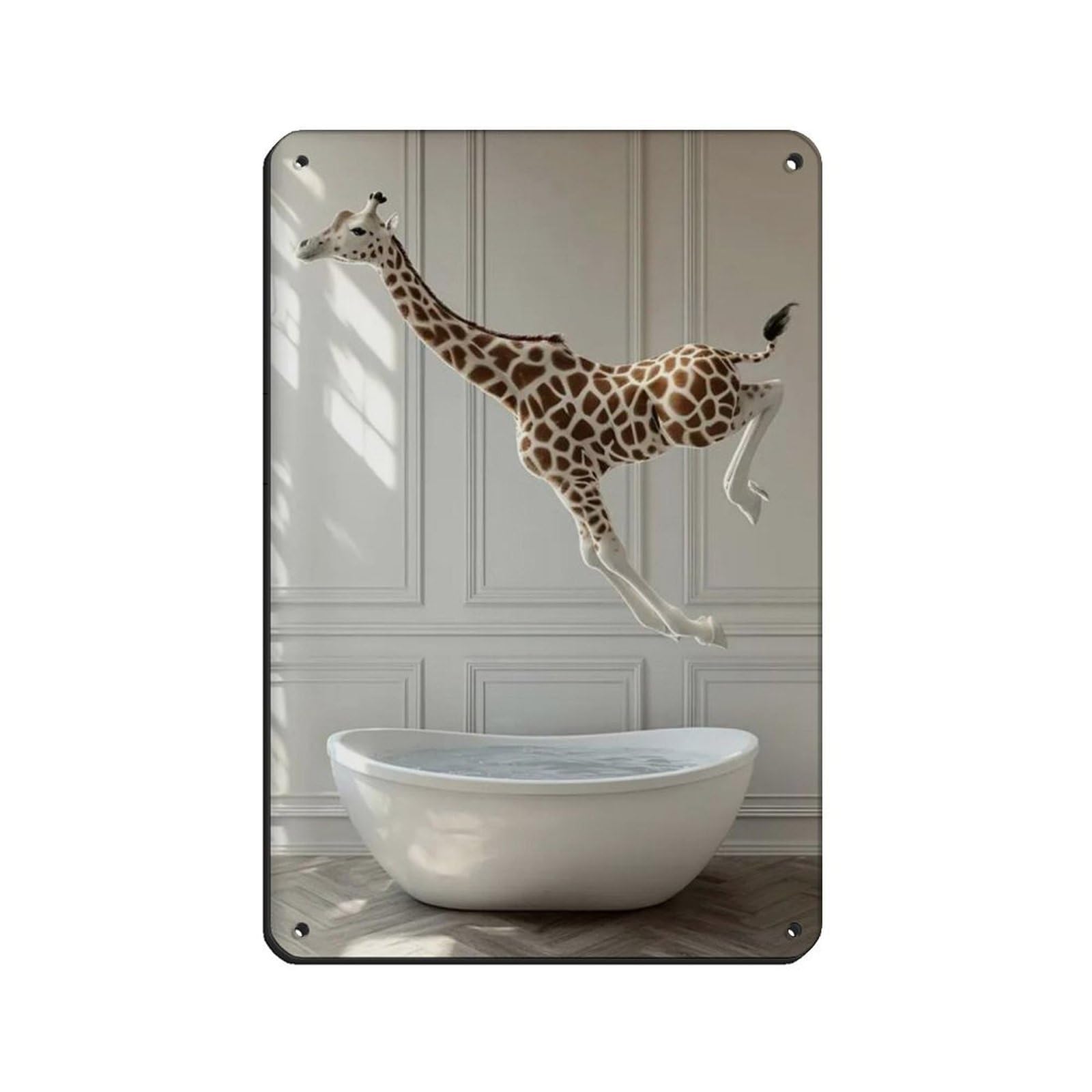 Giraffe Jumping Into Bathtub, Funny Bathroom Art Retro Poster Metal Tin Sign Chic Art Retro Iron Painting Bar People Cave Cafe Family Garage Poster Wall Decoration 8x12inch(20x30cm)