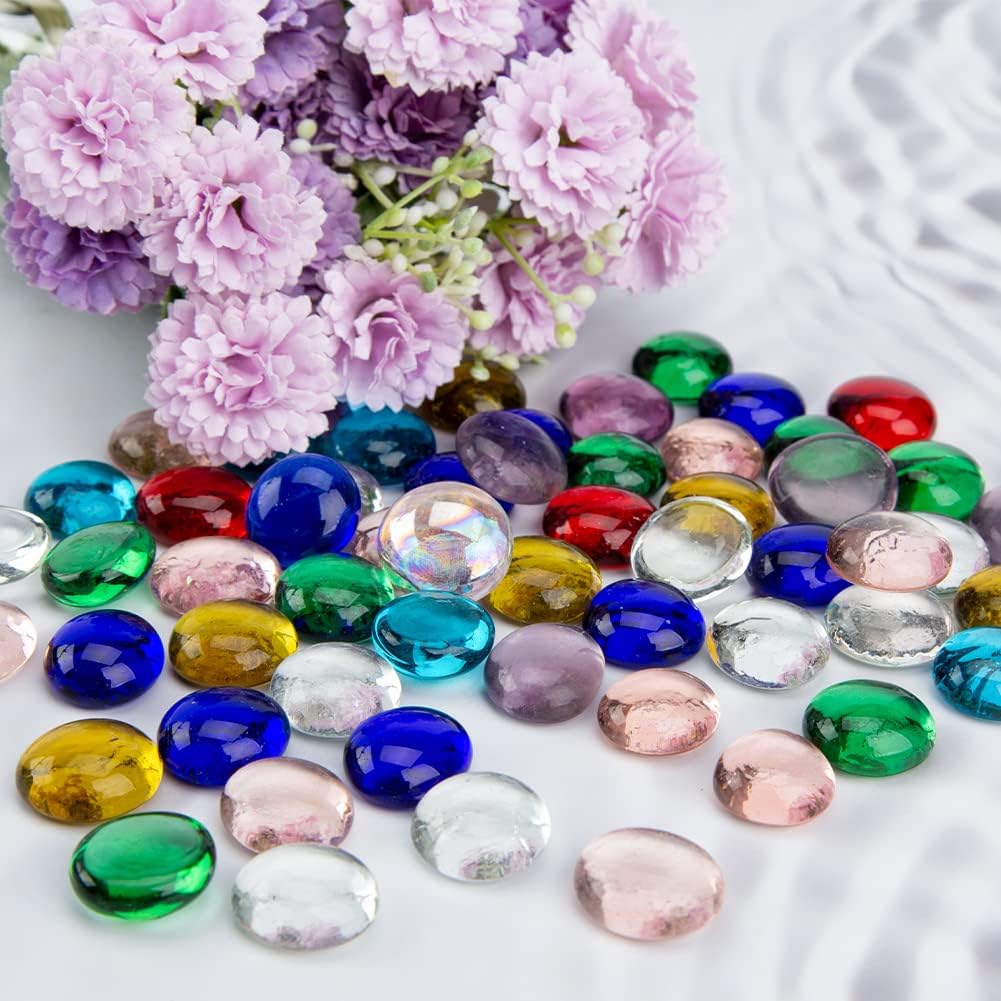 FUTUREPLUSX Flat Glass Marbles,Assorted Colors 5Lb 500PCS Flat Gems Aquarium Pebbles VaseFiller Beads Table Scatter Decor, Red, Green, Blue, Yellow, Transparent