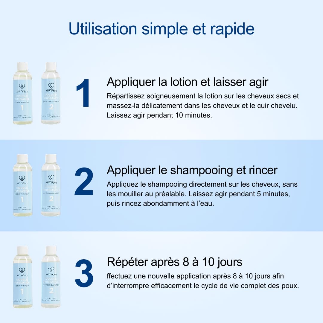 Clinique Anti-Poux Double Puissance - Tue efficacement les poux et les lentes - Kit de traitement anti-poux - Lotion et shampoing à la diméthicone pour adultes et enfants - Parfum eucalyptus