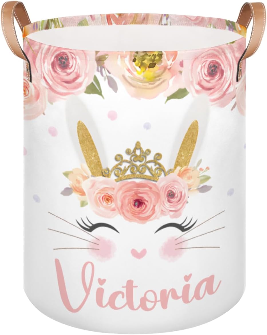 Personalized Laundry Basket, Custom Gift Laundry Hamper, Collapsible Nursery Waterproof Laundry Baskets, Dirty Clothes Toy Hamper with Handles Pink Floral Cute Bunny