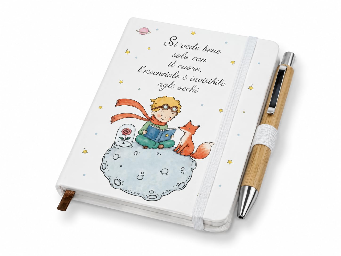 Set 6 Bomboniere Piccolo Principe – Notebook Illustrato con Penna in Bamboo, Scatola Regalo e Bigliettino a tema. Battesimo, Comunione, Compleanno, Regalo