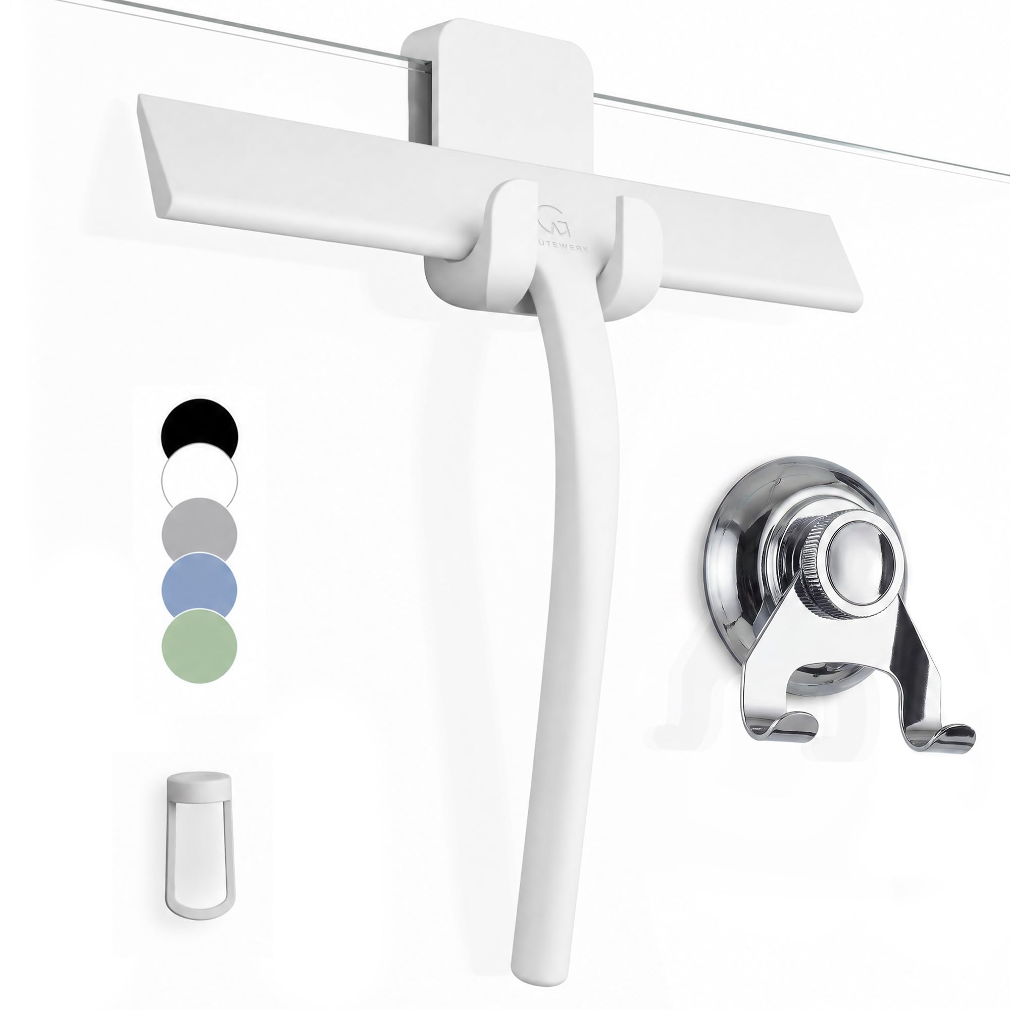 GÜTEWERK Silicone Shower Squeegee with 3-in-1 No-Drill Mount, White, 9''