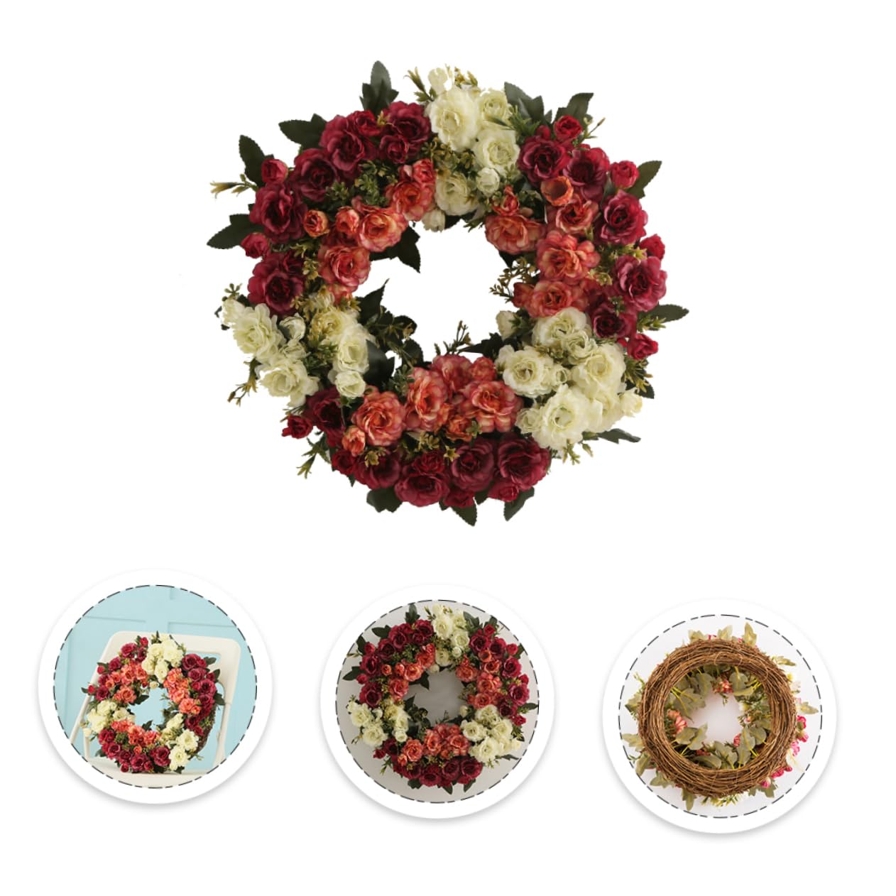 Künstlicher Rosenkranz, Dekorative Girlande für Tür und Wand | Rattan und Spun Silk, Selbstgemacht und Weihnachtsdeko, Blumenkranz mit Rosen Dekor