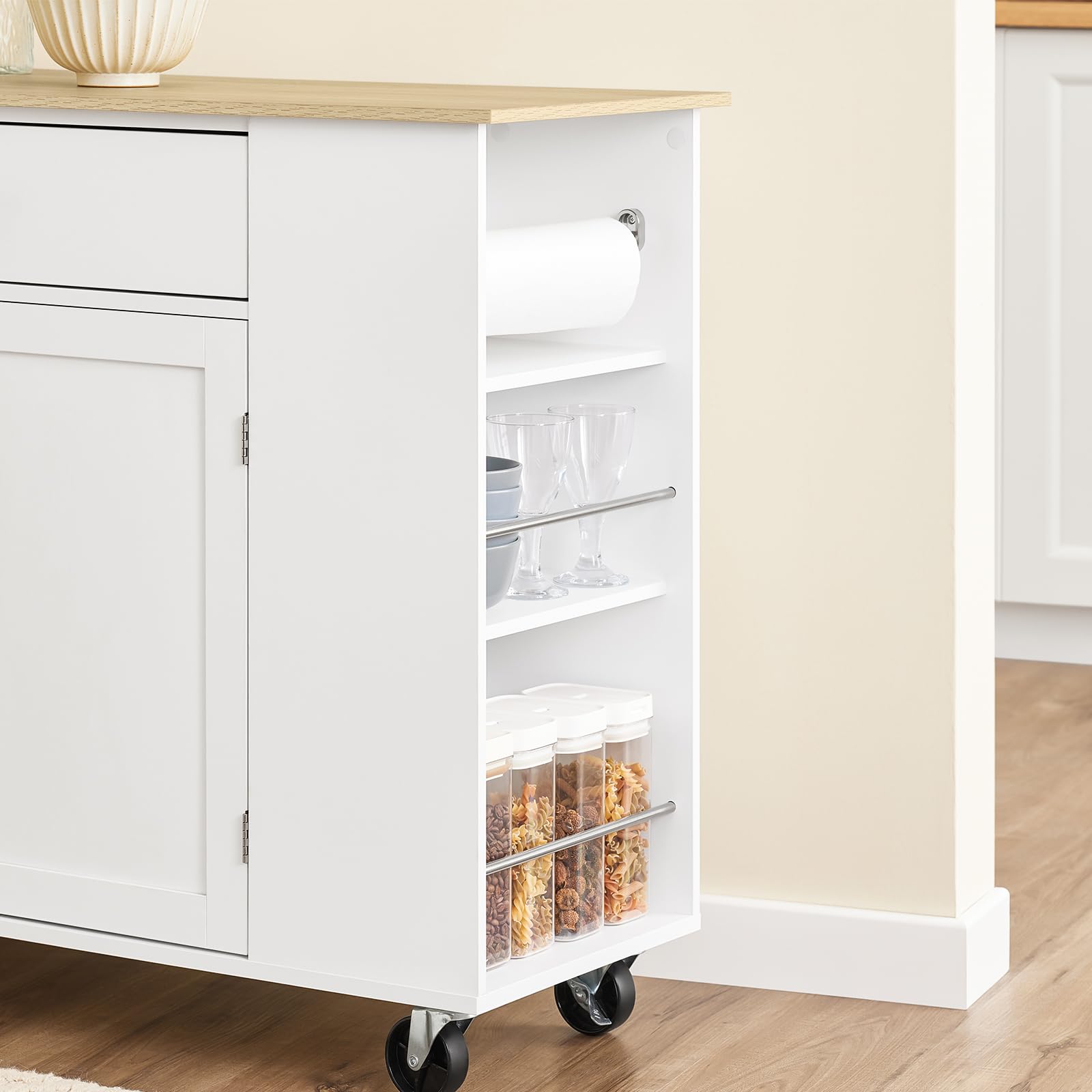 SoBuy Kücheninsel mit Arbeitsplatte, Küchenwagen mit Rollen, robuster Stauraum mit Edelstahl-Details, ideal als Servierwagen für Kaffeebar & Grillparty, für Kochliebhaber Weiß 99x85x40 cm FKW133-WN