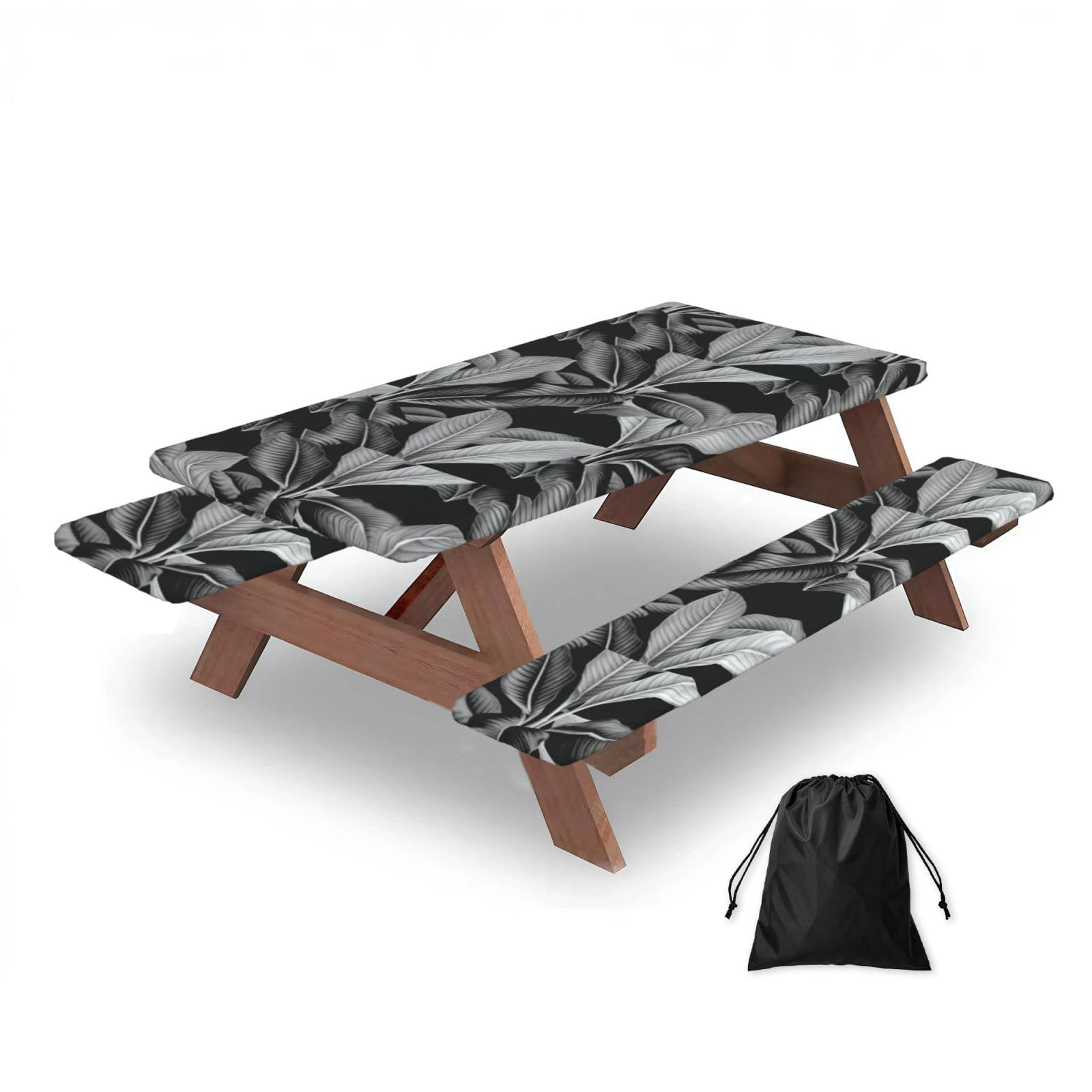 Dopklna As Picture Palm In Palm Black White, Picnic Table Cover With Bench Covers -Waterproof Elastic Fitted Tablecloth For Garden Camping Patio 76X152cm