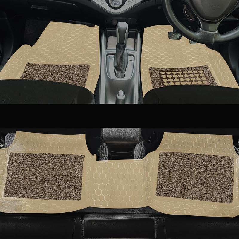 Image of 7D Car Foot Mat Compatible with Citroen C3 | Universal Fit, Luxury Leather Car Floor Mat with Detachable Curly Mat | Waterproof, Anti-Slip | Color: Beige