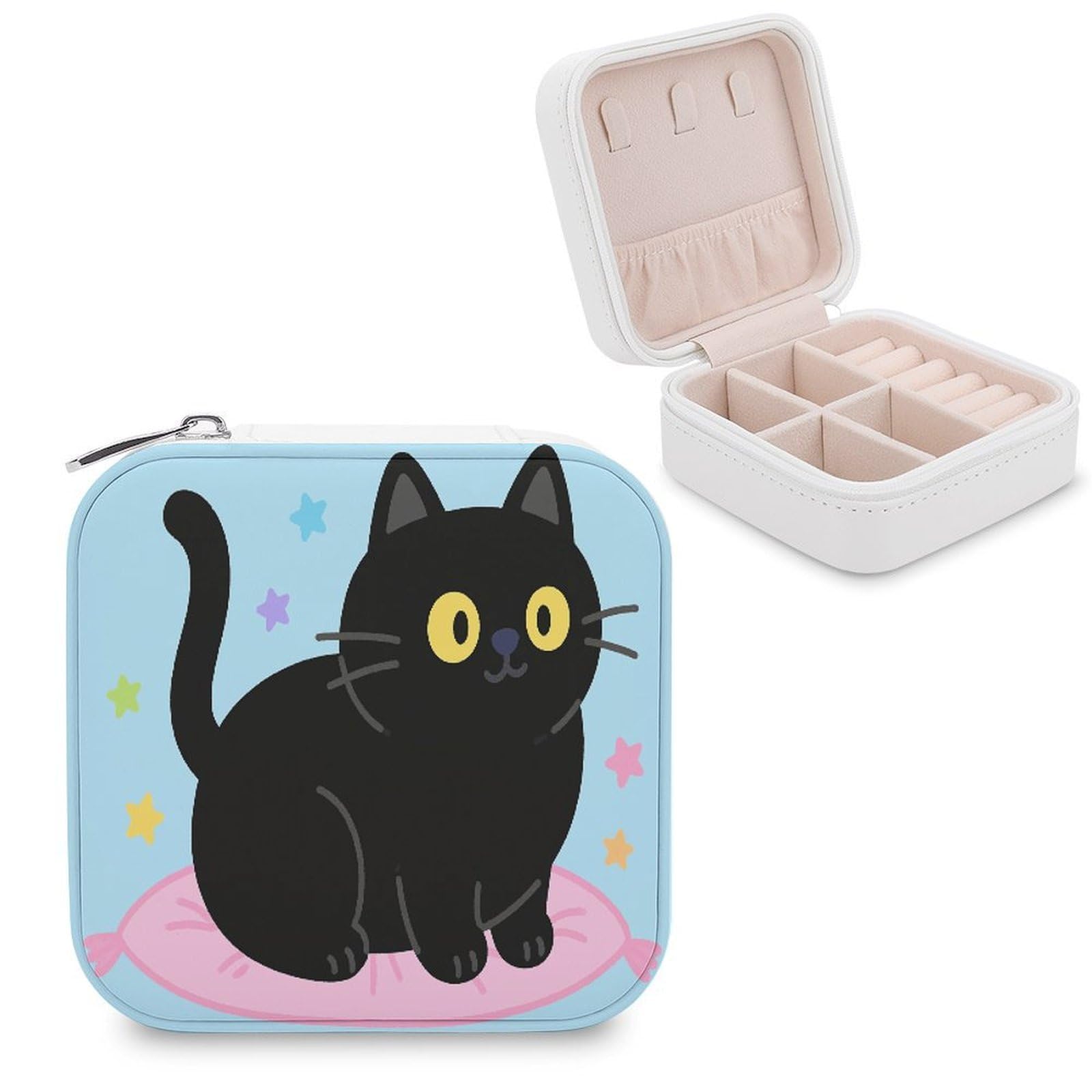 VstaDank Black Cat Jewelry Box for Women Jewelry Organizer Storage Case with Zipper Mini Travel Jewelry Case Cute Trinket Organizer Leather Portable Jewelry Storage Box