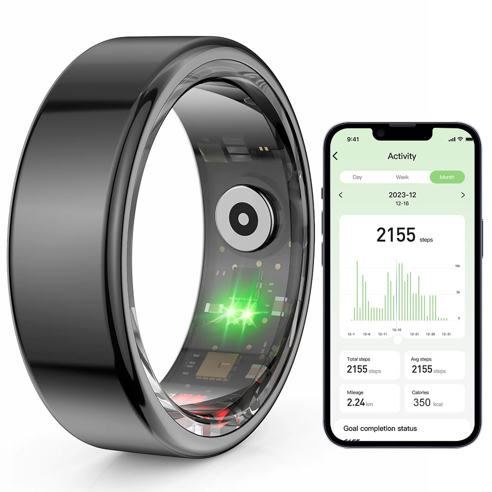Dlishka Anillo Inteligente,MonitorizacióN De Frecuencia CardíAca 24h,Resistente Al Agua Ip68,Carga RáPida MagnéTica,Compatible con Android E iOS,Reloj De Fitness para Hombres Y Mujeres. (Negro, 9#)