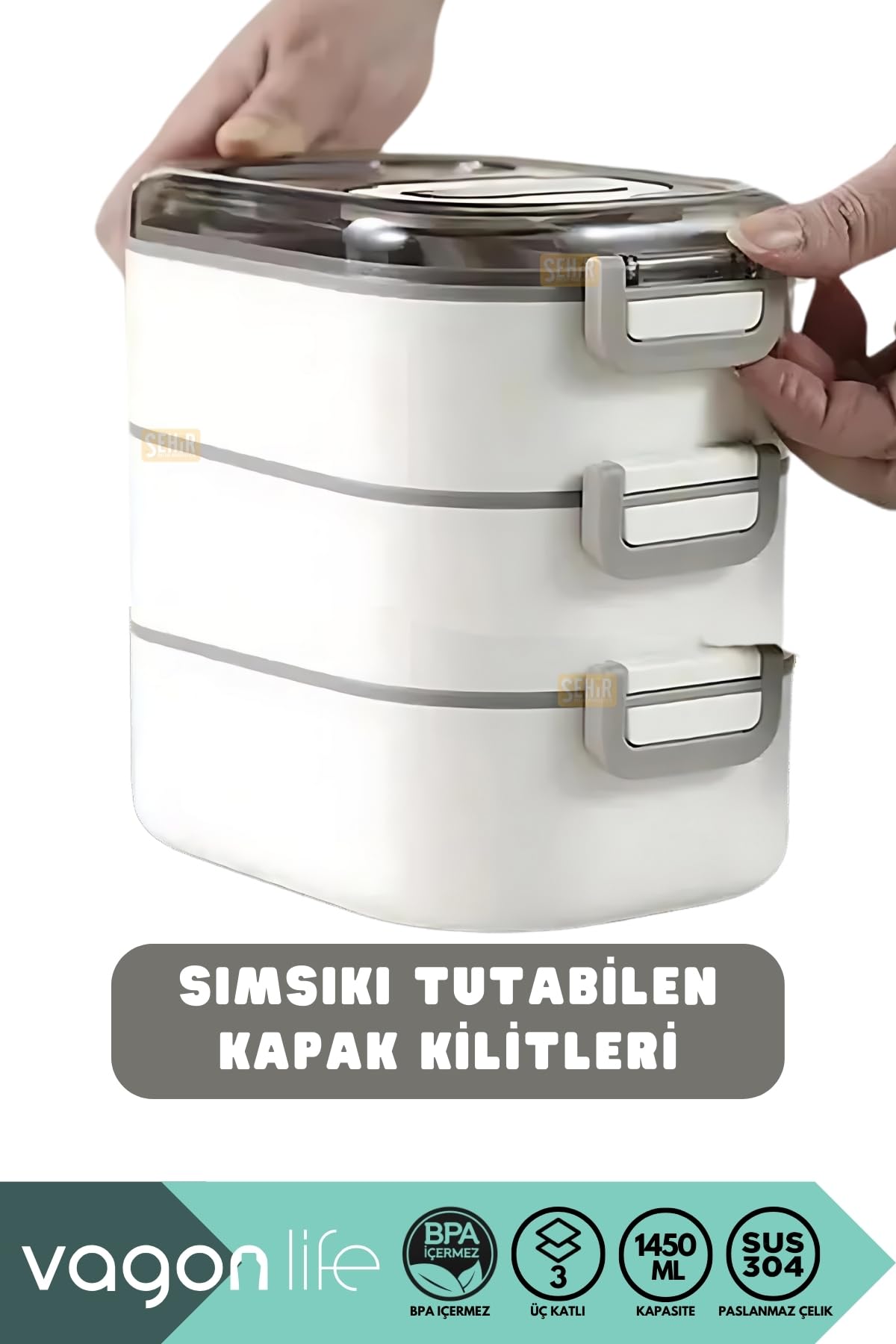 Vagonlife Bento 1450ml Lunchbox Üç Katlı 5 Bölmeli ve Mini Sosluklu Çelik Sefer Tası Yemek Kutusu (Lacivert)