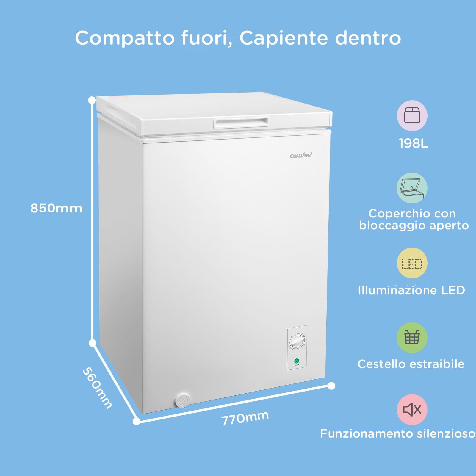 COMFEE' RCC202WH2 Congelatore 198L, Convertibile, Inverter, 4 Stelle | Pozzetto 2in1 Frigorifero/Congelatore, Compressore Inverter, Efficienza EnergeticaUso Esterno, Garage, Capanni, Bianco