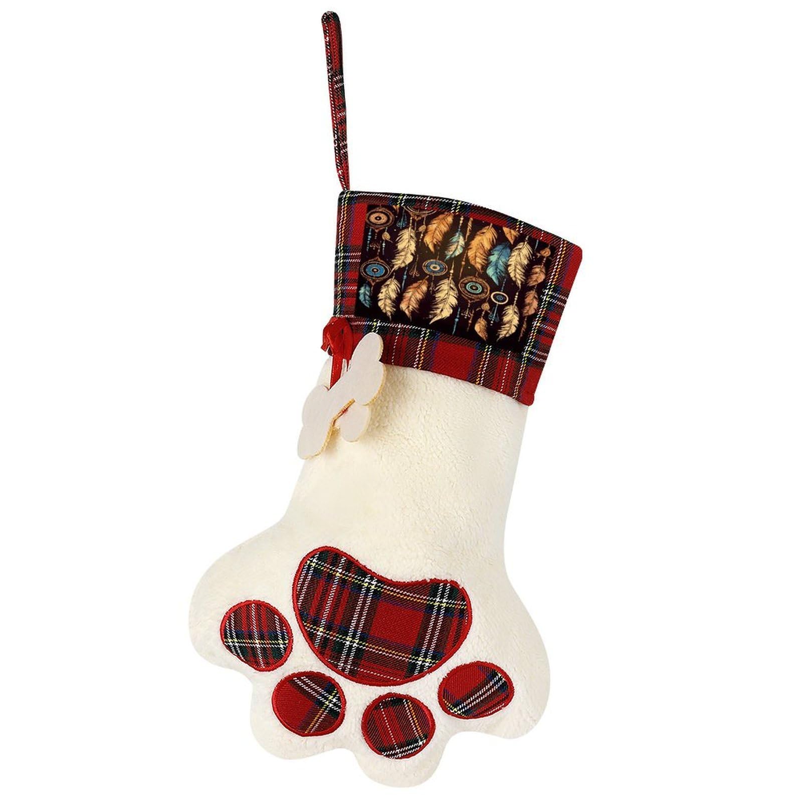 Vintage Ethnic Tribal Feather Dog Christmas Stocking,Custom Pet Paw Christmas Stockings Xmas Hanging Stockings Paw Shape Stocking for Xmas Tree Fireplace Hanging Christmas Party
