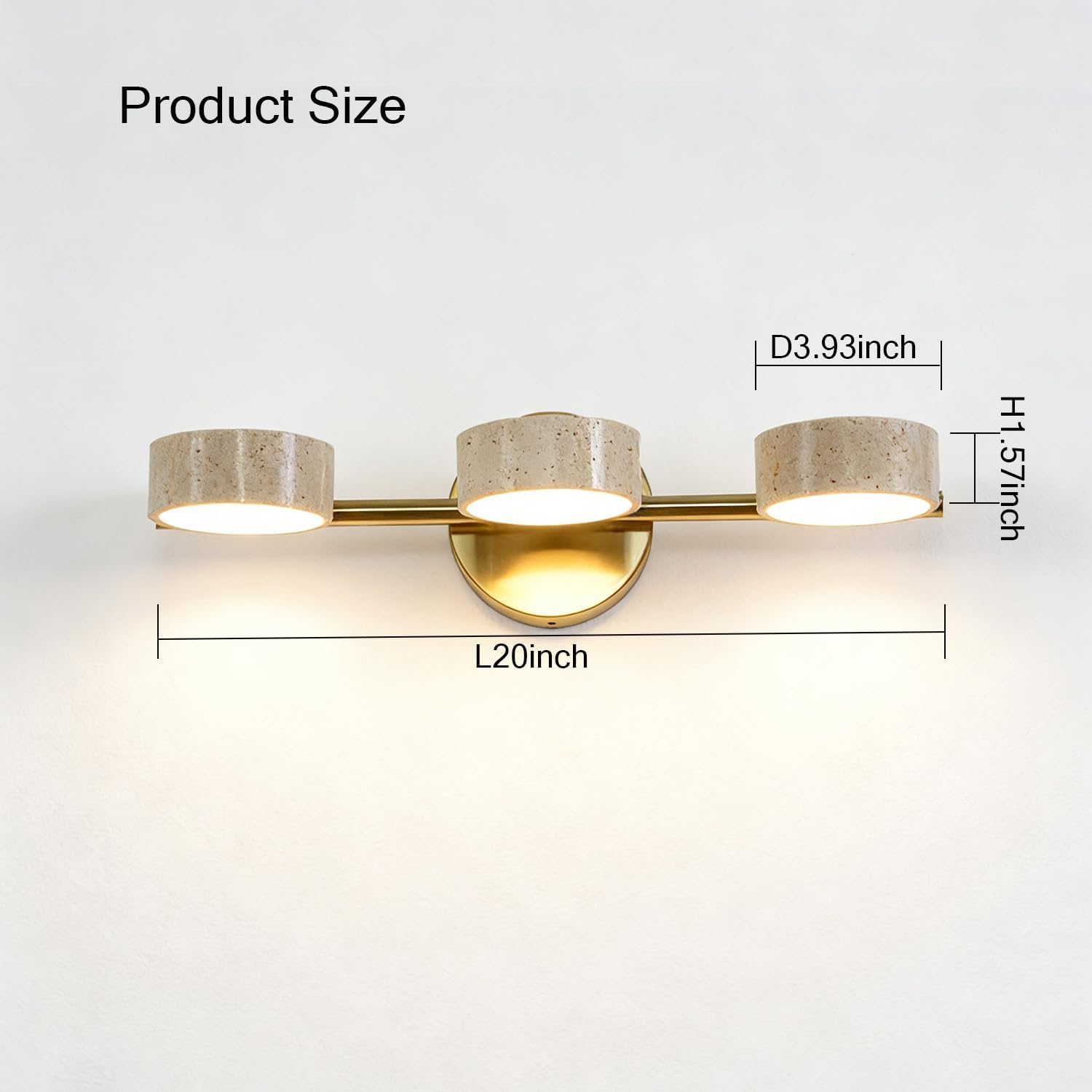LED Mirror Light with 3 Travertine Stone Shades, Bathroom Vanity Light Fixture, 300° Rotatable Stone Lampshades, Modern Rustic Wall Lamp for Bedroom, Living Room, Hallway (Gold-Metal)