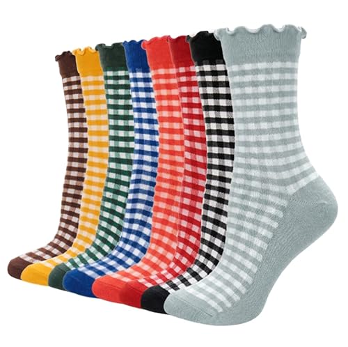 Image of scenicamp 8 Pairs Women Ruffle Socks, Cotton Retro Striped Crew Socks, Cute Checkered Ankle Sock for Women, Vintage Casual Frilly Dress Sock Size 5-9