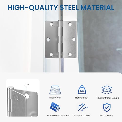 Miniatura 4 de HOSOM Paquete de 6 bisagras de puerta de níquel cepillado de 3.5 pulgadas con radio de 14, bisagras de puerta interior de níquel satinado